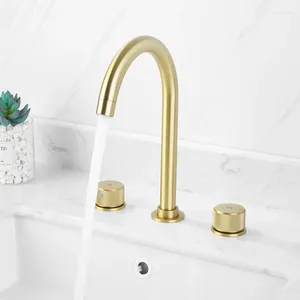 Badezimmer-Waschtischarmaturen, luxuriöser gebürsteter Gold-Wasserhahn, gute Qualität, Kaltwasser-Waschbecken-Mischbatterie, Messing, 3 Löcher, 2 Griffe