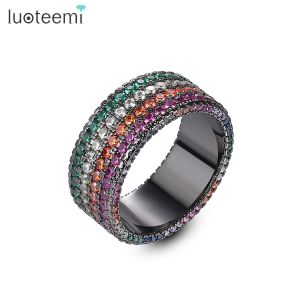 Anéis luteemi multicolor arco -íris cz anéis largo banda pistola preto colorido colorido parto dedo anel gótico estético baguete femme meninas