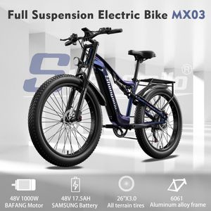 Shengmilo 26 Inch Electric Bike Fat Tire 1000W BAFANG Mountain Bikes 17.5Ah 48V SAMSUNG Ebike City Full Suspension Bicycle 42KM H E-bike Shimano Moped 7 Speed E-MTB