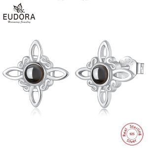 Earrings Eudora 925 Sterling Silver Witch Knot Earrings for Women Obsidian Irish Celtic Knot Stud Earrings Witchcraft Jewelry Party Gift