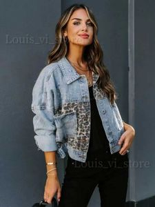 Jaquetas femininas das mulheres outono e inverno moda lavado botão leopardo jaqueta reta magro das mulheres jaqueta jeans t240222