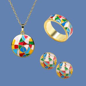 Sets Fashion Vintage Geometric Irregular Patchwork Color Vintage Enamel Threepiece Set Gold Plated Drip Glue Ring Necklace Earrings