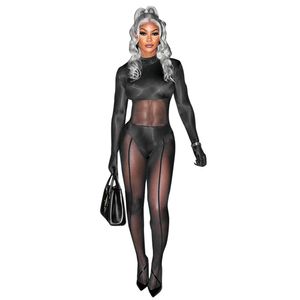 2024 Designer Mesh Patchwork Jumpsuits Women Spring Long Sleeve Rompers Sexiga Sheer Slear See Through Leggings Party Club Wear grossistkläder 10677