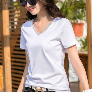 80 Tråd Silk Cotton T-shirts, Women's Short Sleeved 2024 New Metal Chain Versatile Korean V-Neck Casual Top 8895