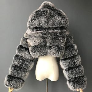 Jackor Autumn Winter Faux päls Kvinnor beskurna kort jacka kappa kvinnor fluffig zip tjock plysch varm päls huva kappa kvinnor outkläder överrock