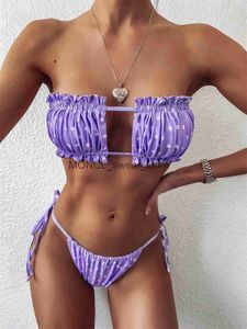 Women's Swimwear Elegant Purple Women Off Shoulder Pleate Bikini Hollow Out Lace Up Push Bathing Suit Thong Swimsuit Baadores 2022H24222