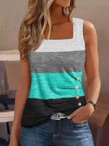 Women's Tanks Camis Women Color Block Ruched Button Square Collar Tank Top Summer Sleeveless Stripe T-Shirt Casual Button Sexy Ladies Streetwear T240222