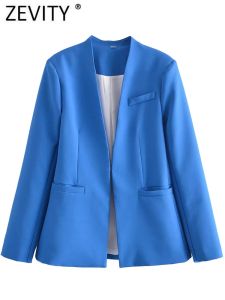 Blazer Zevity Women Mode Süßigkeit Farbtaschen Slim Blazer Coat Office Lady Chic Long Sleeve Business Suits Veste Femme Tops Ct536