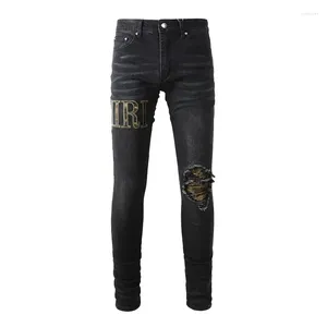 Мужские джинсы, черные, потертые, тонкие кожаные банданы с буквами в рубчик, лоскутное шитье, с отверстиями, узкие, эластичные, рваные, уличная одежда