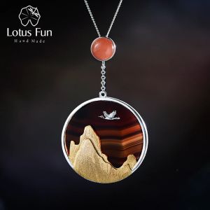 Colares Lotus Fun Real Sterling Sier Natural Gemstone Fine Jewelry Criativo Retorno Pássaro no Pôr do Sol Pingente Sem Colar