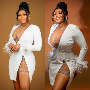 Plus Size Aso Ebi Cocktailkleider Kurze Ballkleider Funkelnde lange Ärmel Mini-Clubkleid Rehinestones verzierte Abendkleider mit Federn Geburtstagskleid C029