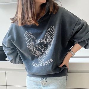 Eagle print desbotado vintage moletom com capuz para mulher primavera manga longa algodão solto esporte hoodies 2024 moda nova streetwear moletom casual luxo oversized topos