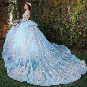 Księżniczka suknia balowa koronkowe sukienki Quinceanera Sky Blue 15 Sweet 16 Puffy 3D Floral Plus Size Prezenta