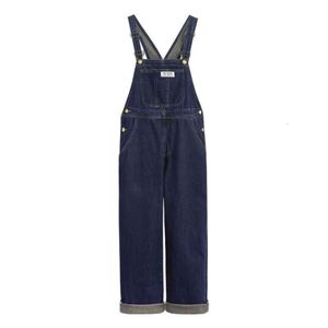 Japanska retro denim camisole byxor för kvinnor våren 2023, nya salt rullade kant raka ben breda benbyxor, blå jumpsuit