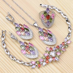 Sets 925 Silver Jewelry Sets For Women Wedding Multicolor Cubic Zirconia Leaf Ring Bracelet Necklace Pendant Earrings Set