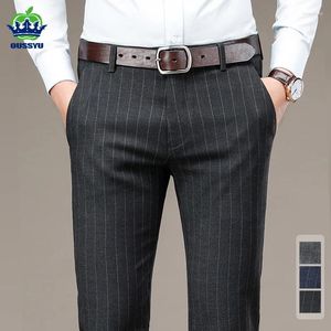 Calças masculinas oussyu marca roupas de alta qualidade listra padrão terno homens negócios estiramento cinza azul preto formal trabalho calças masculino