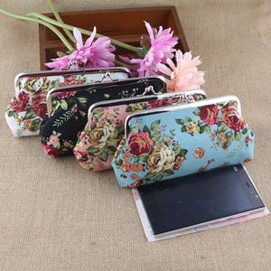 Women Canvas Fabric Big Rose Pattern Zero Coin Purse Two Metal Button Pocket Coin Pouch Key Credit Card Holde Phone Case Wallet