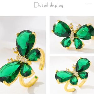 Cluster Rings Luxurious Green Zircon Alloy Butterfly Jewelry For Women Fashion Gold Color Ring Party Gift