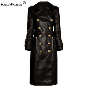 Equipment New Winter Design Double Breasted Black Pu Leather Long Coats for Ladies Quality Street Women Trench with Belt