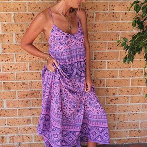 Vestidos casuais boho strappy vestido longo mulheres floral impressão gravata volta verão boêmio deslizamento feminino praia festa desgaste