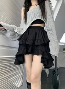 Saias mulheres japonesas 2024 faldas mujer de moda retalhos rendas cintura alta doce saia a linha babados jupe irregular mini saia