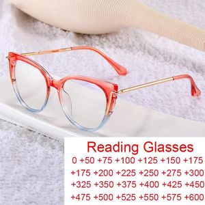 Solglasögon modedesigner Anti Blue Light Women Reading Glasses Metal Cat Eye Brand Gradient Color Frame Presbyopia Eyeglasses Plus
