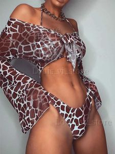 Kvinnors badkläder Sexig 3 -bitars baddräkt Kvinnlig Leopardtryck Push Up Padded Biquini Brasiliansk Summer Bathing Suit Långärmad thong bikini badkläder T240222