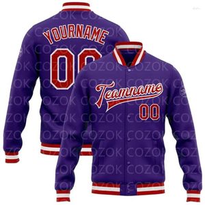 Jaquetas masculinas Cor Roxa Personalizada 3D Impresso Botão de Beisebol Jaqueta Bomber Full-Snap Varsity Letterman