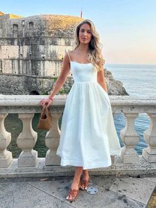 Basic Casual Dresses Mingmingxi Elegant and Beautiful Womens Dress Midi White Vacation Dress Italian Spaghetti Shoulder Strap Beach Dress ALine Party D J240222