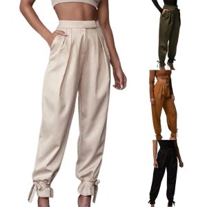 Capris Satin Lace Up Soft High Weist Women Casuare Harem Pants Solid Color Cologe Pleated Rooles Full Length Pocketsズボン