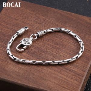 Bangles Bocai Trendy New Real S925 Silver Retro Bamboo Armband för Mmen och Womenas paljed Chain Personality Hiphop smycken Tillbehör