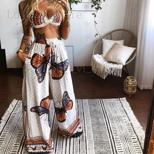 Calças femininas de duas peças 2023 verão novo ponto cross border europeu e americano vestido feminino impressão sexy sutiã solto calças de perna larga conjunto de duas peças t240222