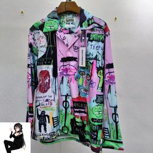 Camisas de manga comprida com estampa graffiti multicolorida verde de alta qualidade solta casual havaí praia camisa masculina