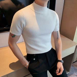 Casual Einfache Stil Tops INCERUN Männer Stricken Pit Streifen Camiseta Stilvolle Solide Halb Hohe Kragen Kurzarm T-shirts S-3XL 2024