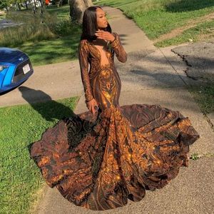 Sparkle cekinowa sukienka na studniówkę dla czarnych dziewczyn Sheer szyi syrena imprezowa sukienki z długim rękawem Vestido Gala 2024