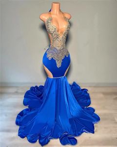 Royal Blue Halter Long Prom Plating для чернокожих девушек из бисера Хрустальные платья по случаю дня рождения русалка вечернее платье Robe de Bal