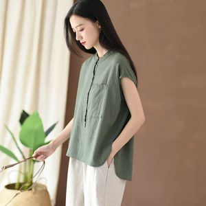 2024 Summer Cotton and Linen Women's New Literary Loose Standing Neck Linen Top Women's Short Sleeved Shirt T-shirt