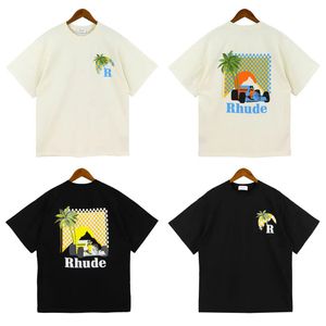 rhude camiseta verão americano high street coco palm truck impressão mens designer camiseta solta casual homens e mulheres casais com a mesma camiseta de pescoço redondo