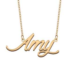 Amy Targhetta per donna Collana girocollo personalizzata con nome Tag Collana in acciaio inossidabile Ragazze Regali personalizzati di gioielli placcati in oro 18k, NL-2391