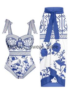 Kvinnors badkläder 2023 Vintage ColorBlock Floral Print One Piece Swimsuit Cover Up Women Blue Lace Chic Bikini Bathing Suit Beachwearh24222