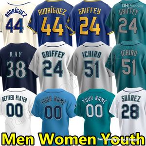 Maglia da baseball da uomo per donna Julio Rodriguez Ken Griffey Jr. Ichiro Suzuki Teoscar Hernandez Ty France Jarred Kelenic Robbie Ray Eugenio Suarez Maglia da uomo