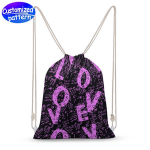 Mochila de lona personalizada com bolso e cordão, padrão HD, corda super gaze, forte e durável, lavável à máquina, tela de grande capacidade, 109g, cor dupla