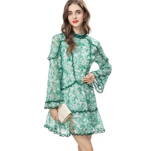 Women's Runway Dresses Stand Collar Long Sleeves Printed Embroidery Lace Piping Trim Fashion Casual Short Vestidos