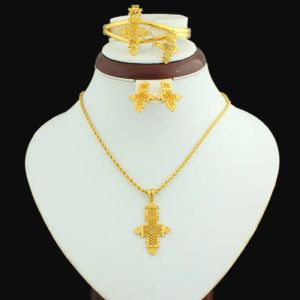 Halsketten Äthiopischer Schmuck Kreuz Anhänger Halskette Kette/Ohrringe/Armreif/Ring Set 24k Gold Farbe Afrikanische Frauen Hochzeit