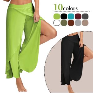 Calças de verão femininas fenda queimado palazzo calças largas perna chiffon lado split casual calças soltas elegante senhora harem calças yoga 5xl