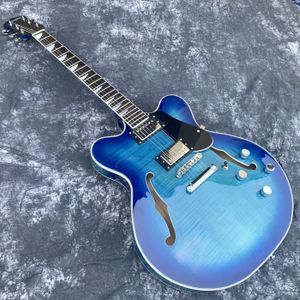 GROTE JAZZ E-Gitarre, 6 Saiten, blaue Farbe, Hohlkörper, Doppel-F-Löcher, Ebenholzgriffbrett, Unterstützung bei der Kostenanpassung, Freeshippings