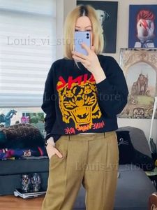 Womens Hoodies Sweatshirts Rowling Mirror Tiger Graphic Letter Flocking Print Black Sweatshirt Women Long Sleeve O Neck Cotton Tops Female Casual Streetwea T24022