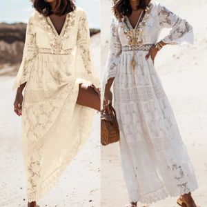 Basic Casual Dresses Summer Bohemian long dress womens V-neck sparkling sleeves crochet lace holiday dress womens beach dress Vestidos De Mujer J240222