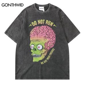 Zombie Schädel Druck T-Shirt Street Hip Hop Männer Vintage Gewaschen Kurzarm T-shirt Mode Sommer Beiläufige Lose Tops T 240221