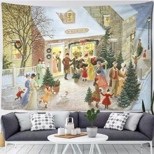 Tapisserier City Night Tapestry Christmas Joy Holiday Oil Målning Illustration Art Wall Hanging Room Home Decor